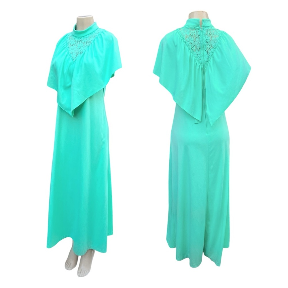 1970s Long Mint Green Prom Polyester Maxi Dress Size M / L